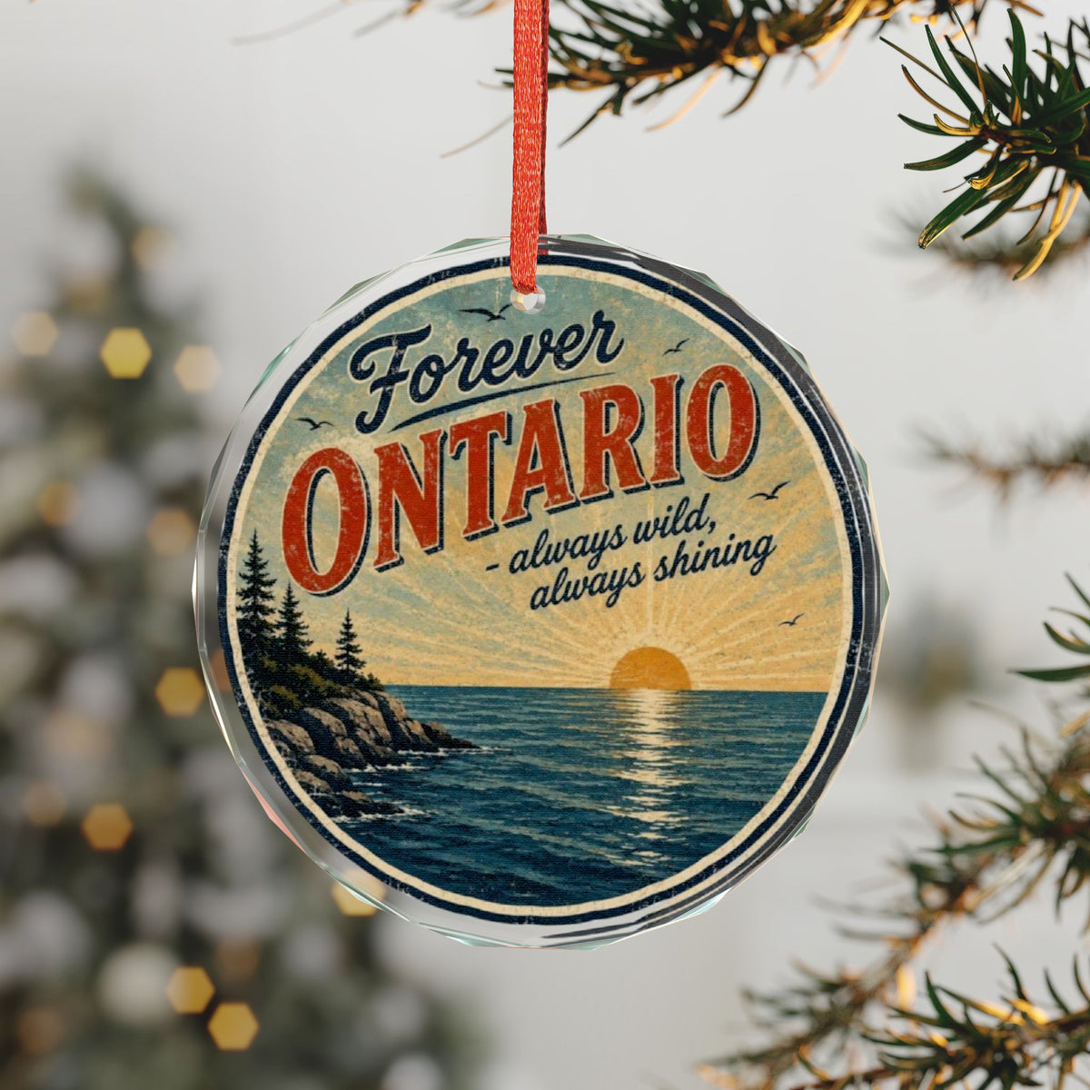 Forever Ontario Glass Ornament — Vintage Sunset Lake Holiday Decoration